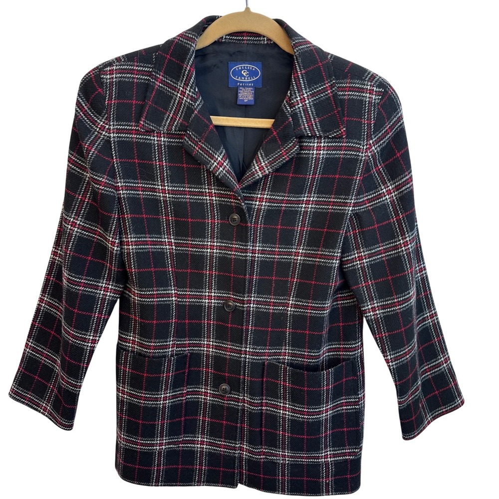 Chelsea & Camden Petites Plaid Wool Blend Blazer Jacket‎ Black Red White Size 6P